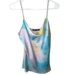 Zara tie dye colorful cowl neckline satin tank top size M